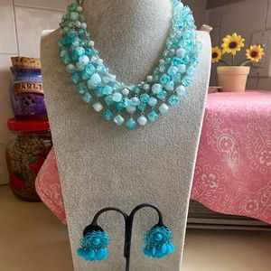 60s Hong Kong Blue & White 2 Strand Necklace & ER